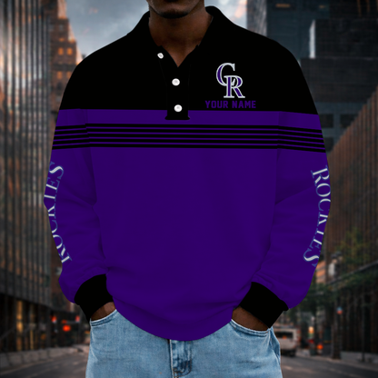 SPECIAL EDITION - NEW CUSTOMIZED MLB30 COR COLORADO ROCKIES MEN'S LONG SLEEVE POLO