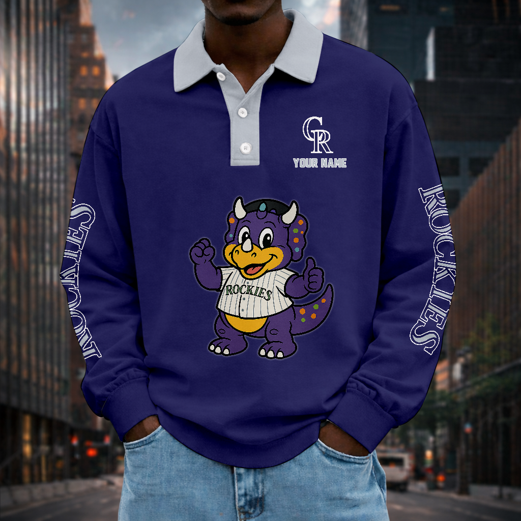 LIMITED EDITION - NEW CUSTOMIZED MLB30 COR COLORADO ROCKIES MEN LONG SLEEVE POLO