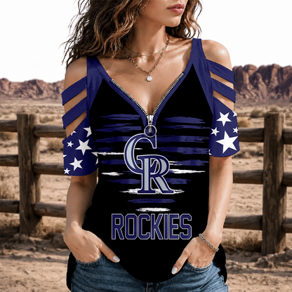 [FLASH SALE] NEW CUSTOMIZED MLB30 COR COLORADO ROCKIES STRAPPY COLD-SHOULDER TOP