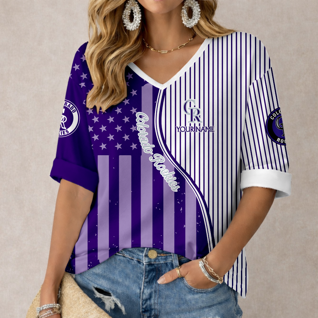 ELITE EDITION - NEW CUSTOMIZED MLB30 COR COLORADO ROCKIES WOMEN'S HEART V-NECK LONG SLEEVE SHIRT