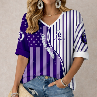 ELITE EDITION - NEW CUSTOMIZED MLB30 COR COLORADO ROCKIES WOMEN'S HEART V-NECK LONG SLEEVE SHIRT