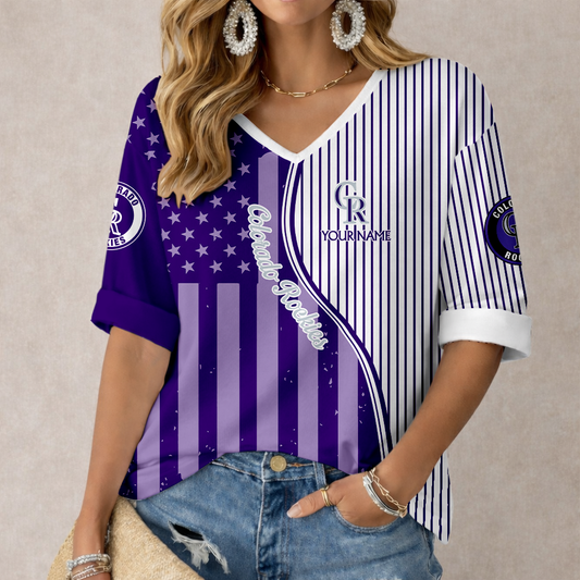 ELITE EDITION - NEW CUSTOMIZED MLB30 COR COLORADO ROCKIES WOMEN'S HEART V-NECK LONG SLEEVE SHIRT