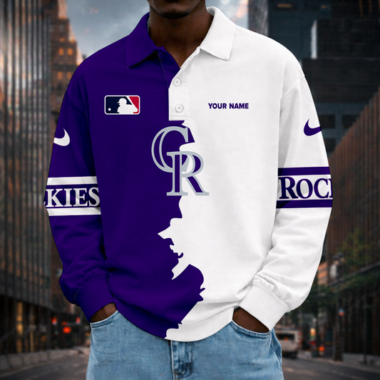LIMITED EDITION - NEW CUSTOMIZED MLB30 COR COLORADO ROCKIES MEN LONG SLEEVE POLO