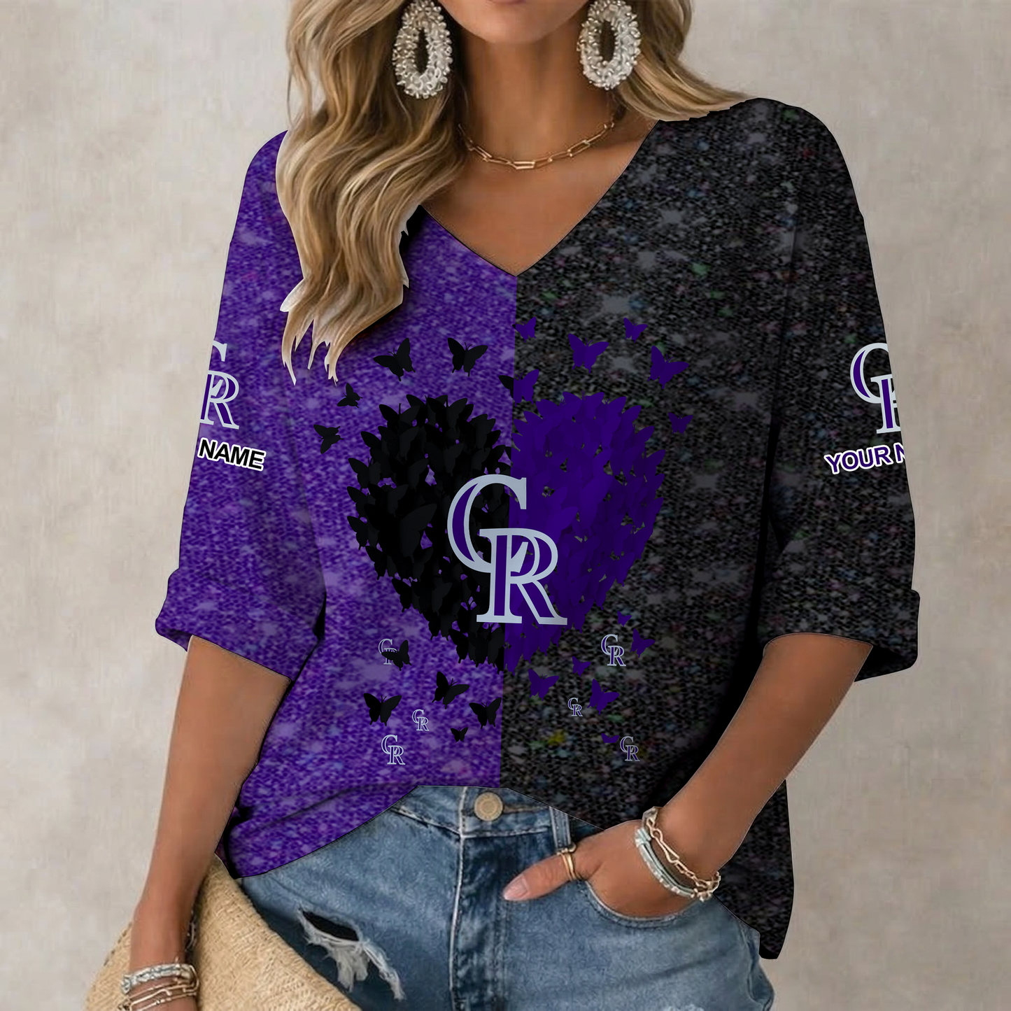 LIMITED EDITION - NEW CUSTOMIZED MLB30 COR COLORADO ROCKIES WOMEN'S HEART V-NECK LONG SLEEVE SHIRT
