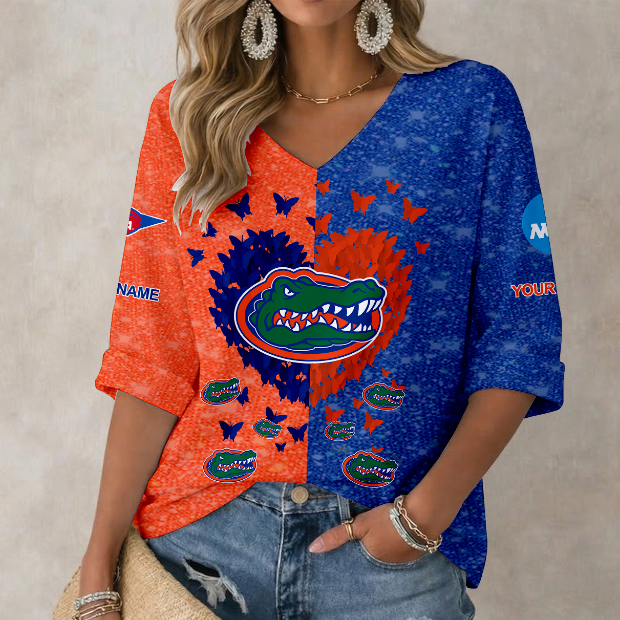 LIMITED EDITION - NEW CUSTOMIZED NCAA FBS30 FLG FLORIDA GATORS WOMEN'S HEART V-NECK LONG SLEEVE SHIRT