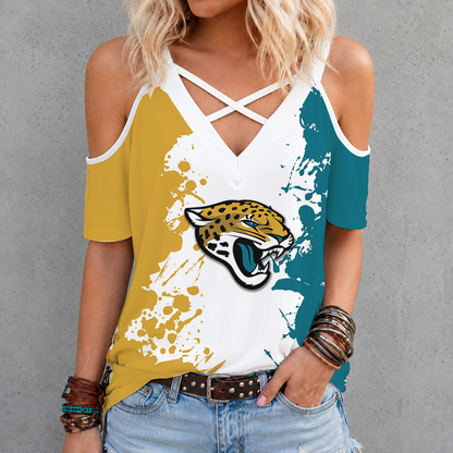 [SPECIAL OFFER] NEW CUSTOMIZED NFL30 JSJ JACKSONVILLE JAGUARS CRISS CROSS V-NECK TOP