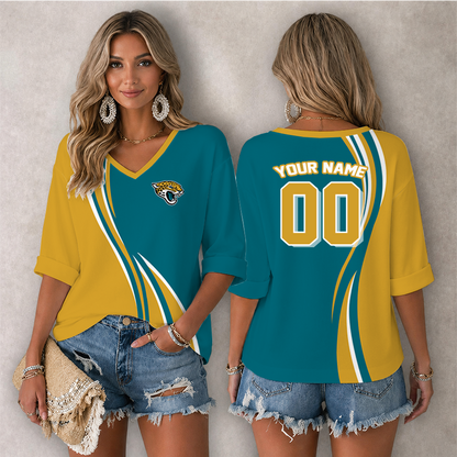 LIMITED EDITION - NEW CUSTOMIZED NFL30 JSJ JACKSONVILLE JAGUARS WOMEN'S HEART V-NECK LONG SLEEVE SHIRT