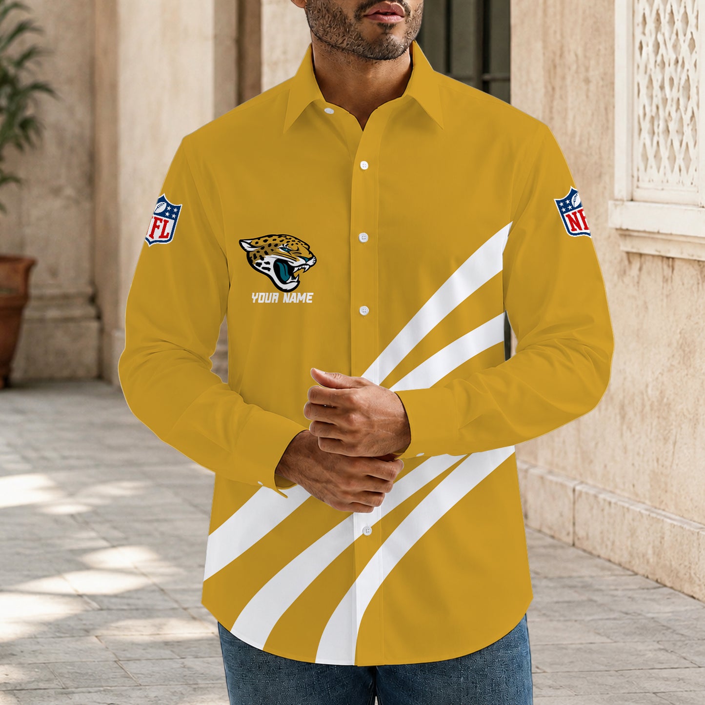 [SPECIAL OFFER] NEW CUSTOMIZED NFL30 JSJ JACKSONVILLE JAGUARS MEN'S LONG SLEEVE BUTTON-UP SHIRT