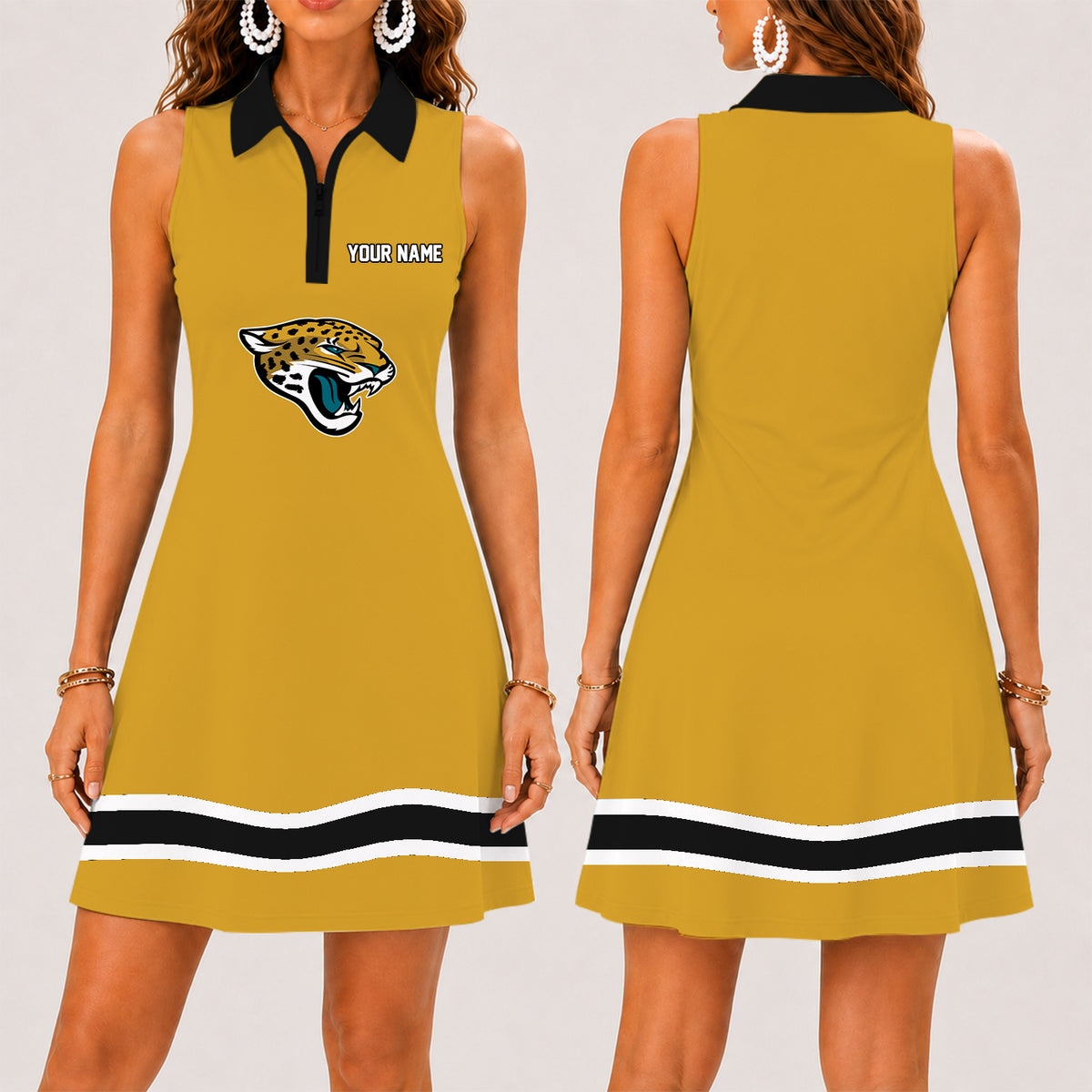 [SPECIAL OFFER] NEW CUSTOMIZED NFL30 JSJ JACKSONVILLE JAGUARS WOMEN'S ZIP SLEEVELESS POLO DRESS