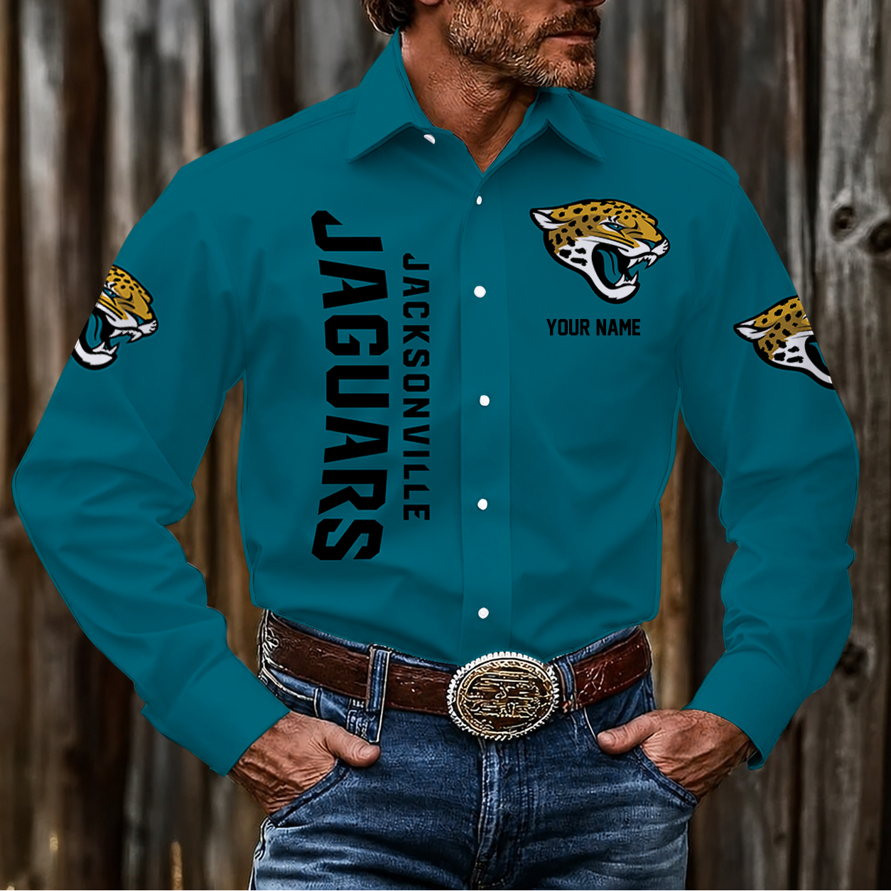 LIMITED EDITION - NEW CUSTOMIZED NFL30 JSJ JACKSONVILLE JAGUARS MEN'S LONG SLEEVE BUTTON-UP SHIRT