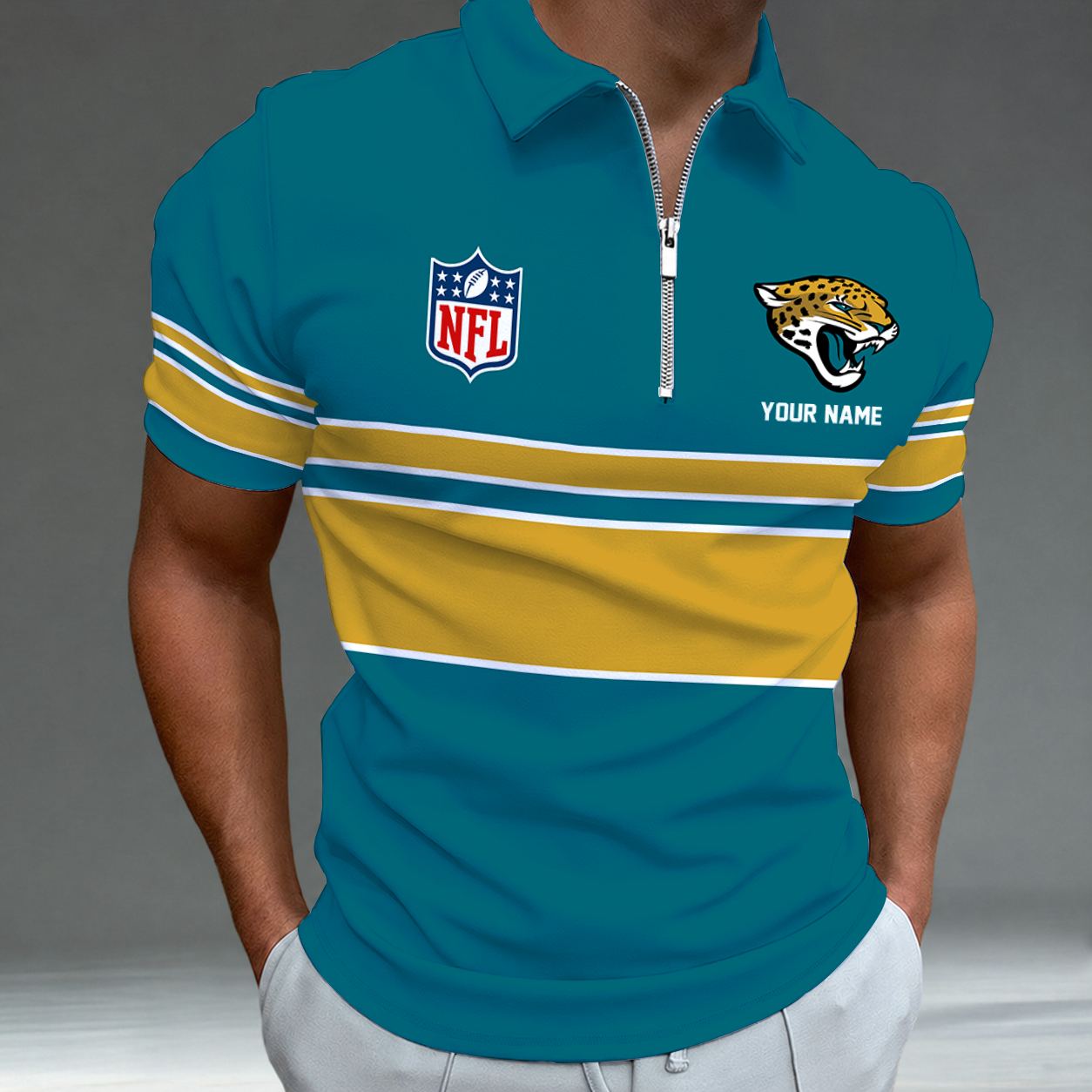 [SPECIAL OFFER] NEW CUSTOMIZED NFL30 JSJ JACKSONVILLE JAGUARS ZIP POLO SHIRT
