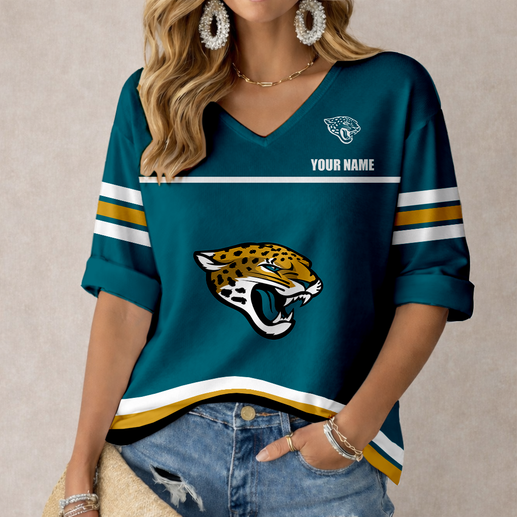LIMITED EDITION - NEW CUSTOMIZED NFL30 JSJ JACKSONVILLE JAGUARS WOMEN'S V-NECK MID-SLEEVE SHIRT