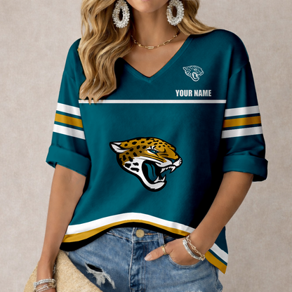 LIMITED EDITION - NEW CUSTOMIZED NFL30 JSJ JACKSONVILLE JAGUARS WOMEN'S V-NECK MID-SLEEVE SHIRT