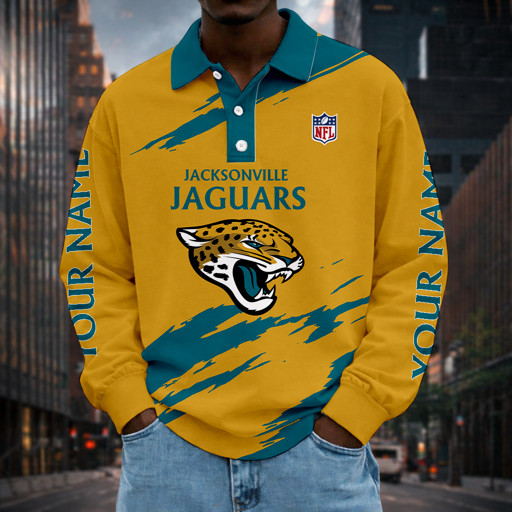 LIMITED EDITION - NEW CUSTOMIZED NFL30 JSJ JACKSONVILLE JAGUARS MEN LONG SLEEVE POLO