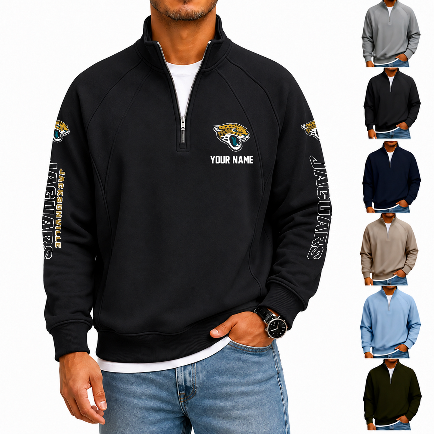 [SPECIAL OFFER] NEW CUSTOMIZED NFL30 JSJ JACKSONVILLE JAGUARS MEN'S QUARTER ZIP PULLOVER