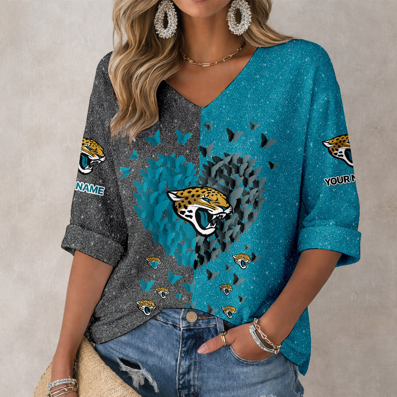 LIMITED EDITION - NEW CUSTOMIZED NFL30 JSJ JACKSONVILLE JAGUARS WOMEN'S HEART V-NECK LONG SLEEVE SHIRT