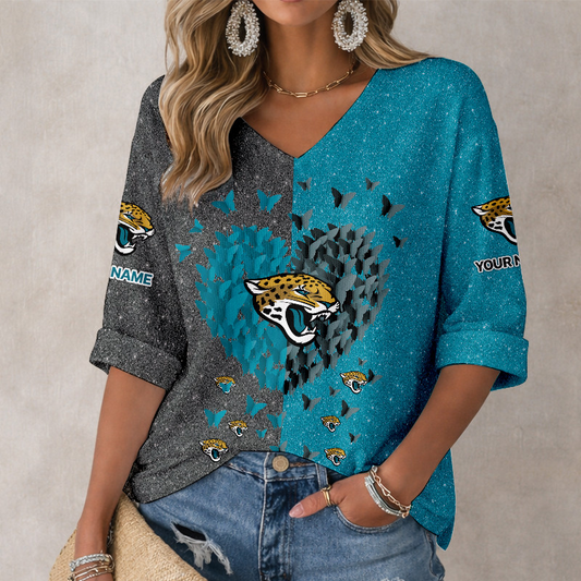 LIMITED EDITION - NEW CUSTOMIZED NFL30 JSJ JACKSONVILLE JAGUARS WOMEN'S HEART V-NECK LONG SLEEVE SHIRT