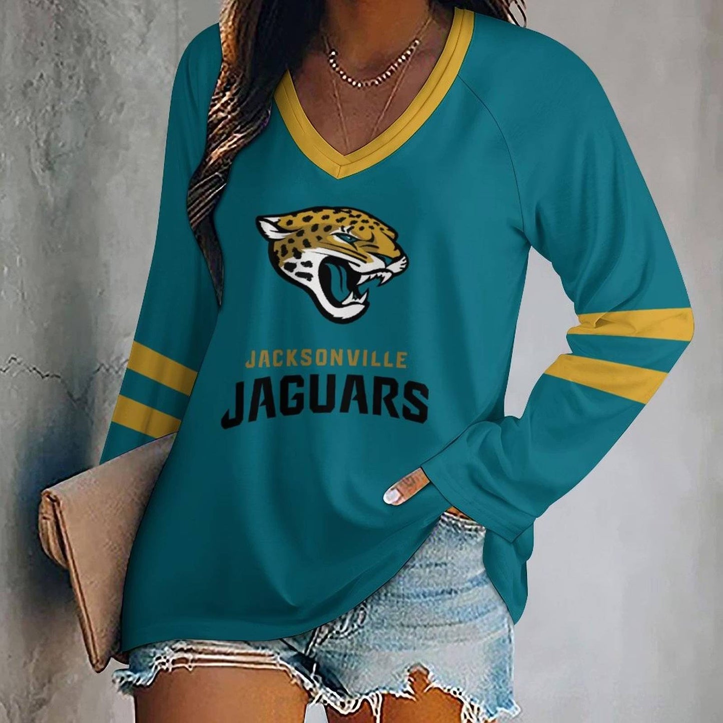 LIMITED EDITION - NEW CUSTOMIZED NFL30 JSJ JACKSONVILLE JAGUARS WOMEN'S V-NECK LONG SLEEVED SHIRT