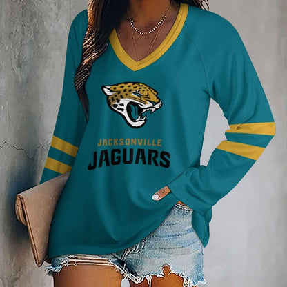 LIMITED EDITION - NEW CUSTOMIZED NFL30 JSJ JACKSONVILLE JAGUARS WOMEN'S V-NECK LONG SLEEVED SHIRT