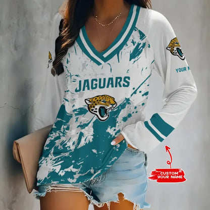 [SPECIAL OFFER] NEW CUSTOMIZED NFL30 JSJ JACKSONVILLE JAGUARS WOMEN'S V-NECK LONG SLEEVED SHIRT
