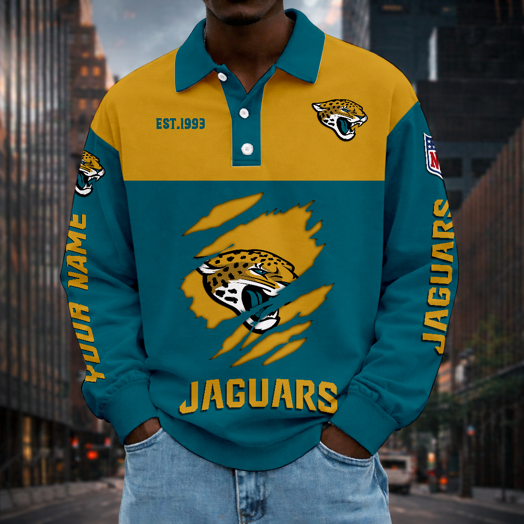 LIMITED EDITION - NEW CUSTOMIZED NFL30 JSJ JACKSONVILLE JAGUARS MEN LONG SLEEVE POLO
