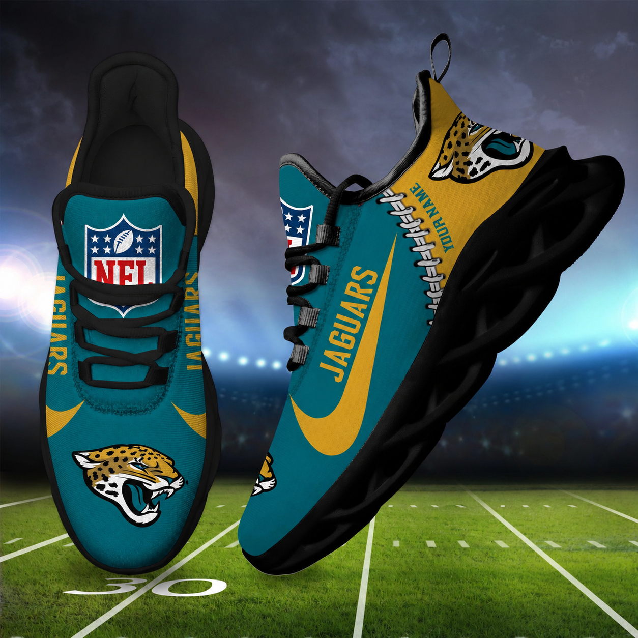 LIMITED EDITION - NEW CUSTOMIZED NFL30 JSJ JACKSONVILLE JAGUARS UNISEX MAX SOUL SHOES