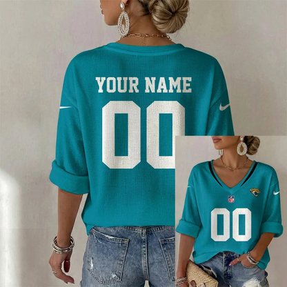 ELITE EDITION - NEW CUSTOMIZED NFL30 JSJ JACKSONVILLE JAGUARS WOMEN'S HEART V-NECK LONG SLEEVE SHIRT