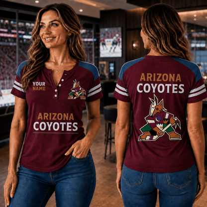 SPECIAL EDITION - NEW CUSTOMIZED NHL30 AZC ARIZONA COYOTES WOMEN'S SHORT SLEEVE HENLEY T-SHIRT