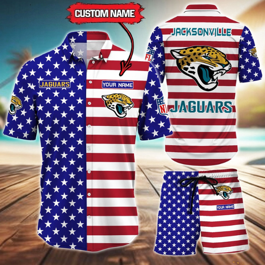 ELITE EDITION  - NEW CUSTOMIZED NFL30 JSJ JACKSONVILLE JAGUARS UNISEX INDEPENDENCE DAY HAWAIIAN SHIRT & SHORTS SET