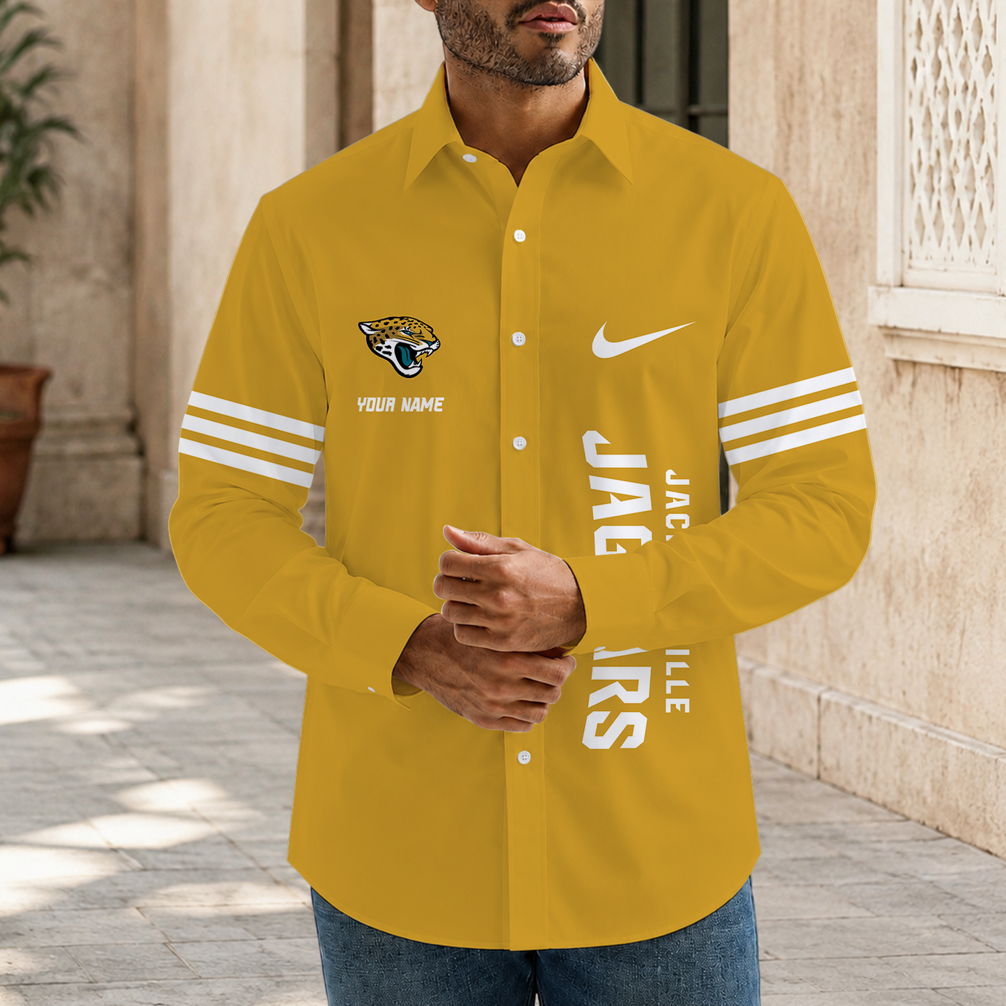 [SPECIAL OFFER] NEW CUSTOMIZED NFL30 JSJ JACKSONVILLE JAGUARS MEN'S LONG SLEEVE BUTTON-UP SHIRT