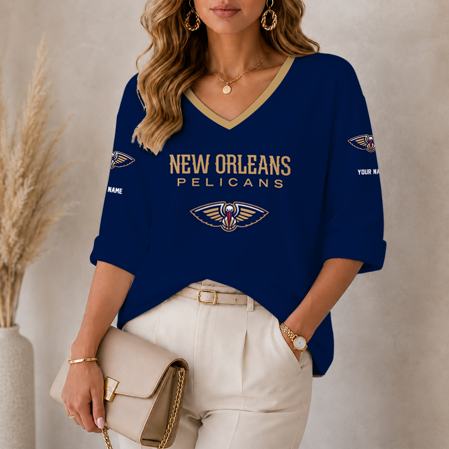 [HOT DEAL] NEW CUSTOMIZED NBA30 NOP NEW ORLEANS PELICANS WOMEN'S HEART V-NECK LONG SLEEVE SHIRT