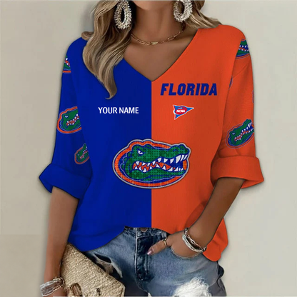 ELITE EDITION - NEW CUSTOMIZED NCAA FBS30 FLG FLORIDA GATORS WOMEN'S HEART V-NECK LONG SLEEVE SHIRT