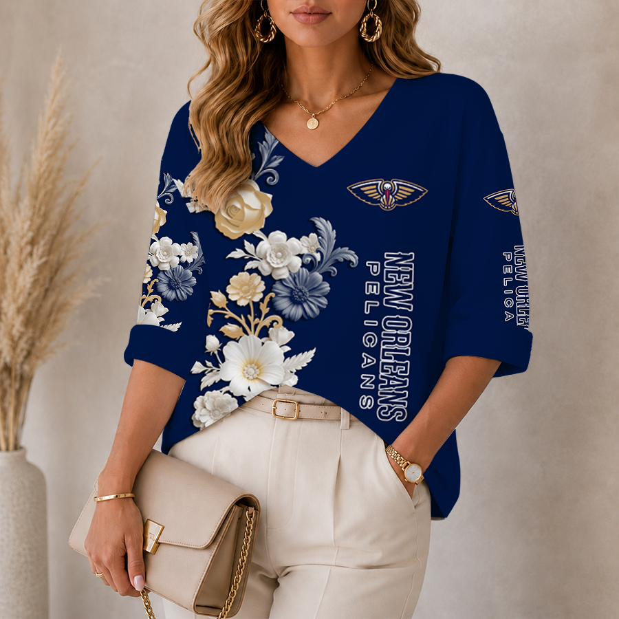 [HOT DEAL] NEW CUSTOMIZED NBA30 NOP NEW ORLEANS PELICANS WOMEN'S V-NECK LONG SLEEVE SHIRT