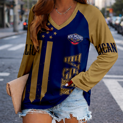 LIMITED EDITION - NEW CUSTOMIZED NBA30 NOP NEW ORLEANS PELICANS WOMEN'S V-NECK LONG SLEEVED SHIRT