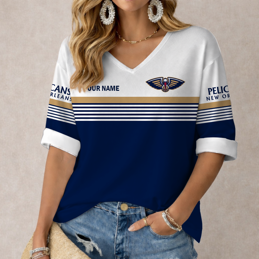 LIMITED EDITION - NEW CUSTOMIZED NBA30 NOP NEW ORLEANS PELICANS WOMEN'S HEART V-NECK LONG SLEEVE SHIRT