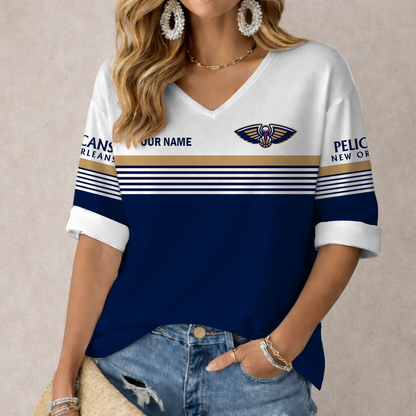 LIMITED EDITION - NEW CUSTOMIZED NBA30 NOP NEW ORLEANS PELICANS WOMEN'S HEART V-NECK LONG SLEEVE SHIRT