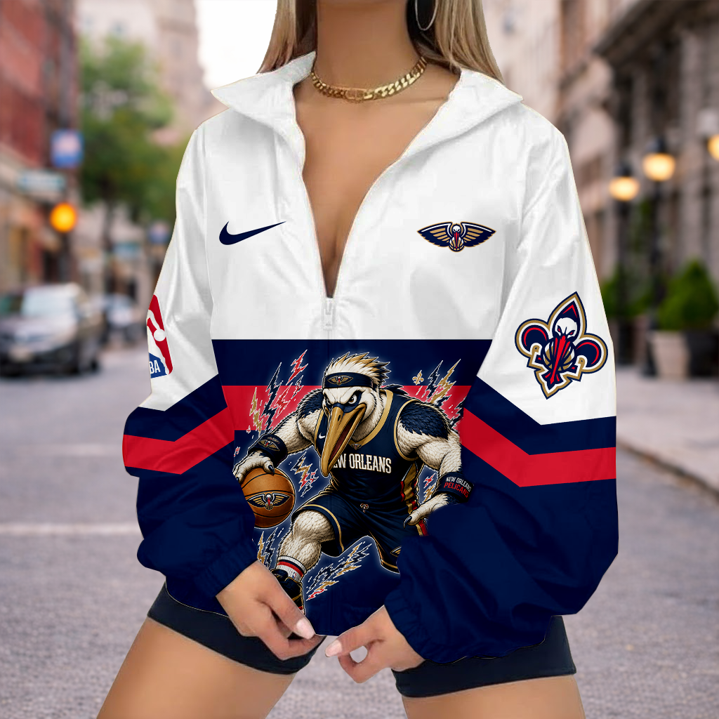 VIRAL EDITION - NEW CUSTOMIZED NBA30 NOP NEW ORLEANS PELICANS V-NECK ZIPPER SWEATSHIRT JACKET