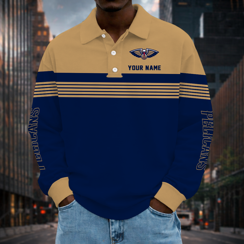 ELITE EDITION - NEW CUSTOMIZED NBA30 NOP NEW ORLEANS PELICANS MEN LONG SLEEVE POLO