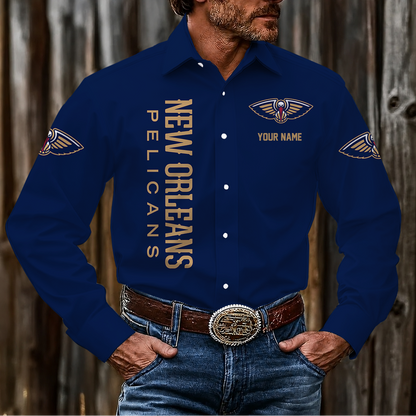 LIMITED EDITION - NEW CUSTOMIZED NBA30 NOP NEW ORLEANS PELICANS MEN'S LONG SLEEVE BUTTON-UP SHIRT
