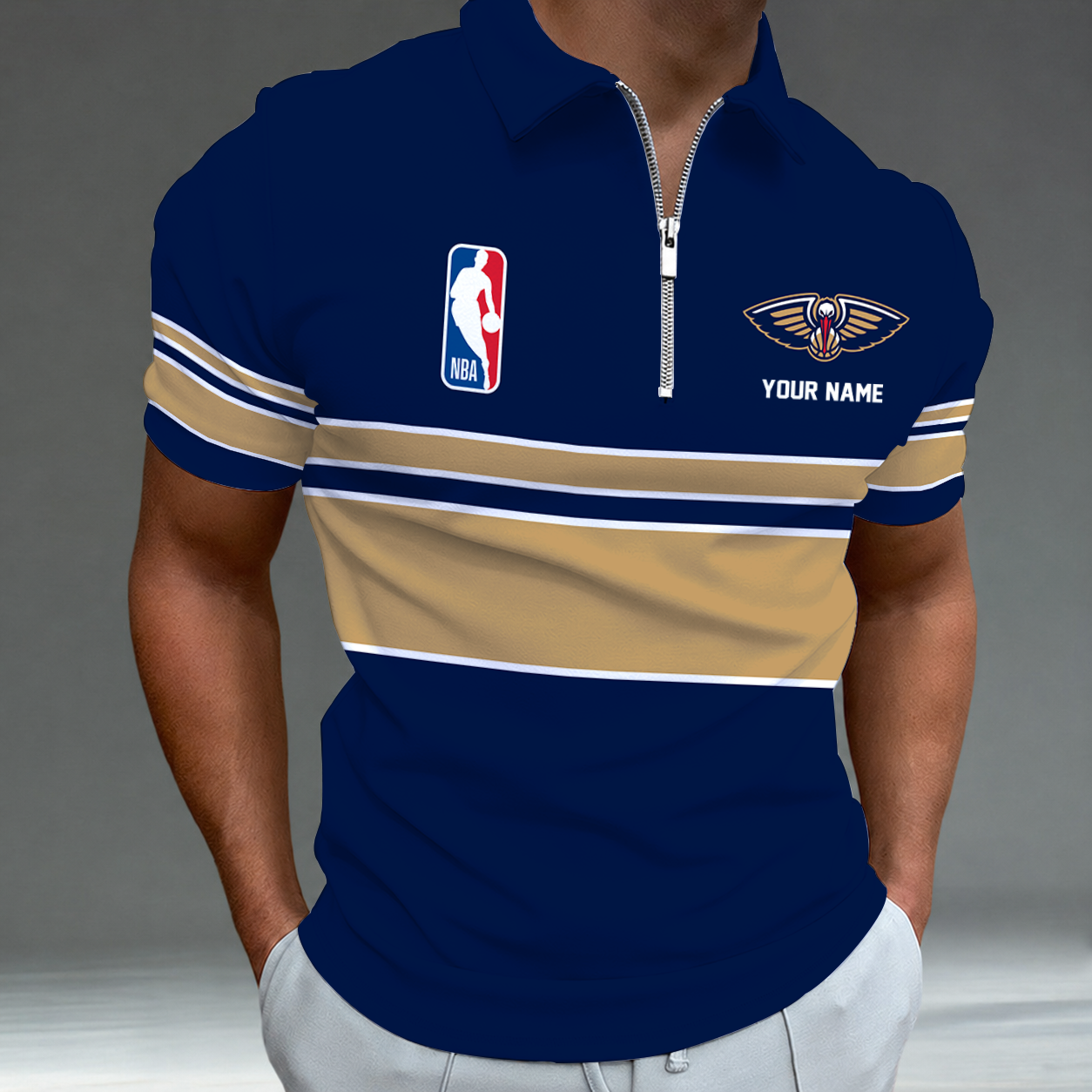 [HOT DEAL] NEW CUSTOMIZED NBA30 NOP NEW ORLEANS PELICANS ZIP POLO SHIRT