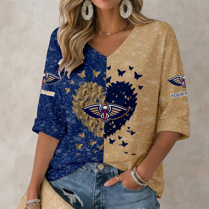 LIMITED EDITION - NEW CUSTOMIZED NBA30 NOP NEW ORLEANS PELICANS WOMEN'S HEART V-NECK LONG SLEEVE SHIRT