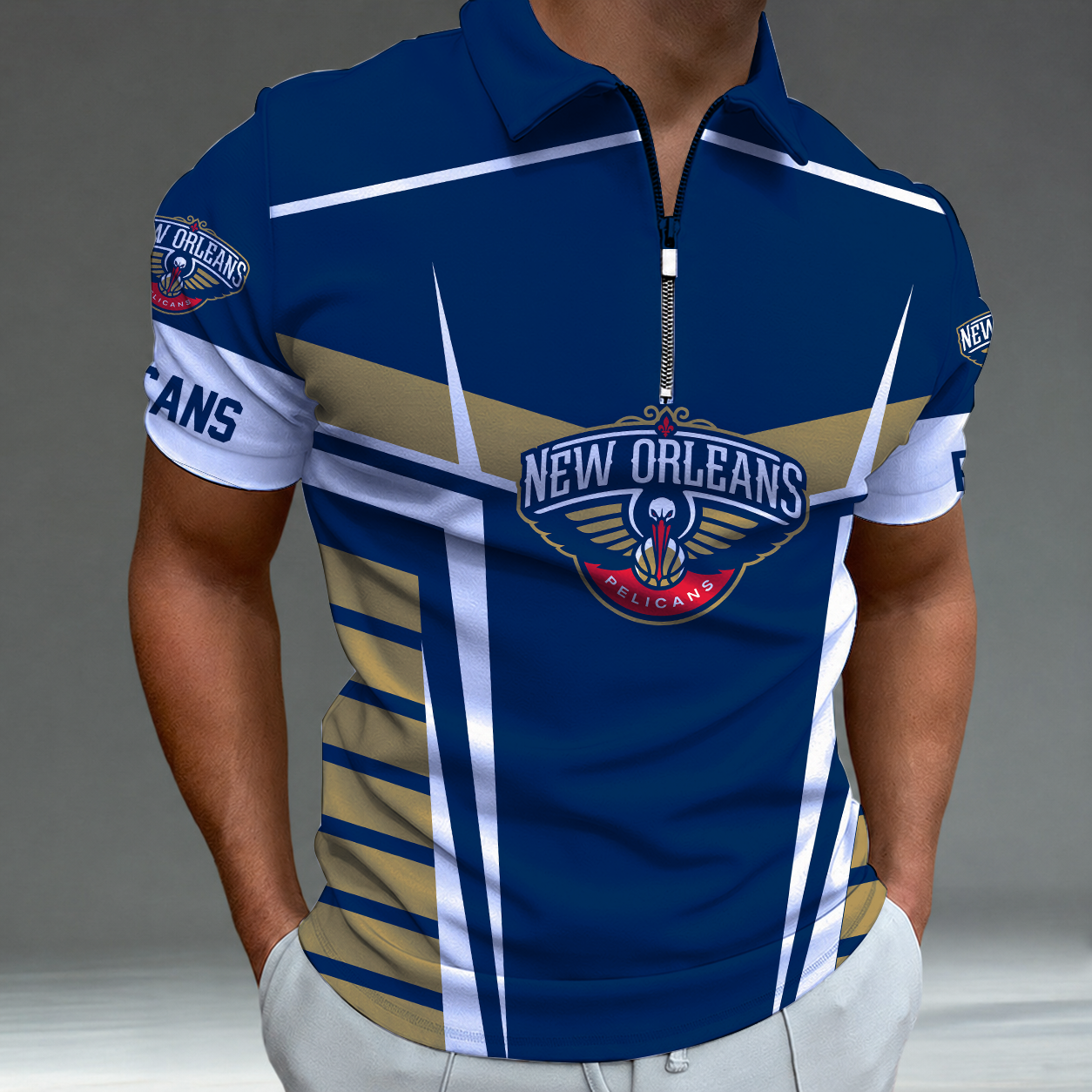 [HOT DEAL] NEW CUSTOMIZED NBA30 NOP NEW ORLEANS PELICANS ZIP POLO SHIRT