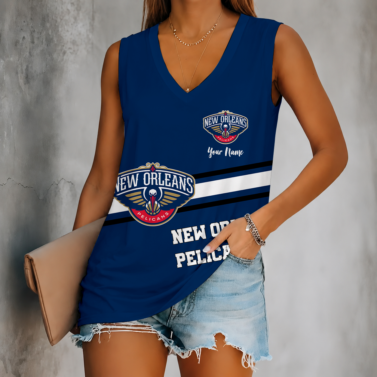 [HOT DEAL] NEW CUSTOMIZED NBA30 NOP NEW ORLEANS PELICANS WOMEN'S V-NECK TANK TOP