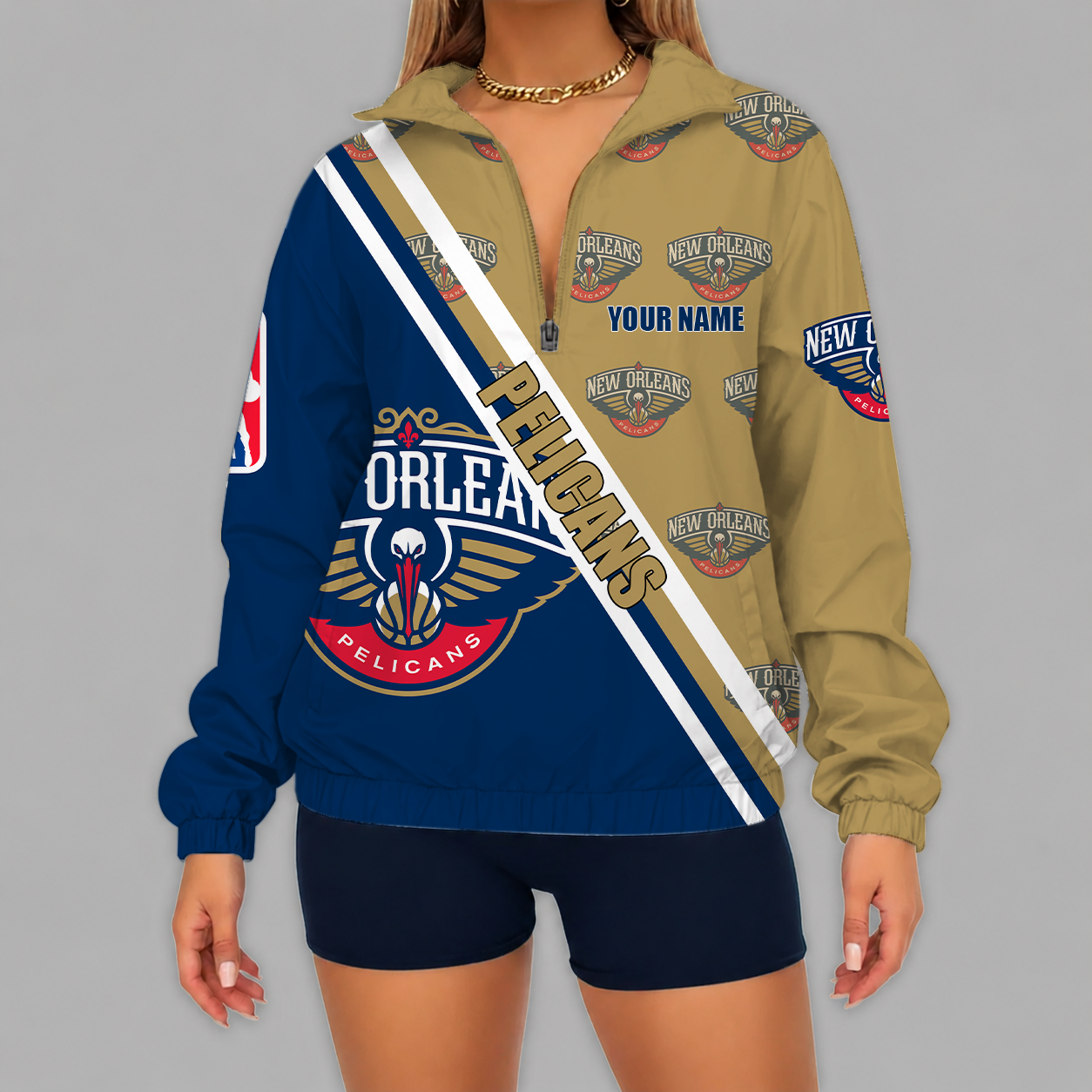 [HOT DEAL] NEW CUSTOMIZED NBA30 NOP NEW ORLEANS PELICANS V-NECK ZIPPER SWEATSHIRT JACKET
