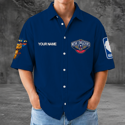 [HOT DEAL] NEW CUSTOMIZED NBA30 NOP NEW ORLEANS PELICANS SEERSUCKER BUTTON SHIRT