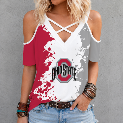 [FAN FAVORITE] NEW CUSTOMIZED NCAA MAM30 OSB OHIO STATE BUCKEYES CRISS CROSS V-NECK TOP