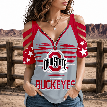 [FAN FAVORITE] NEW CUSTOMIZED NCAA MAM30 OSB OHIO STATE BUCKEYES STRAPPY COLD-SHOULDER TOP