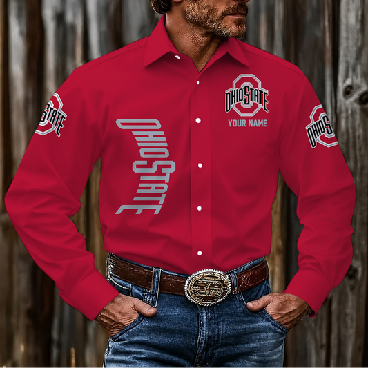 EXCLUSIVE EDITION - NEW CUSTOMIZED NCAA MAM30 OSB OHIO STATE BUCKEYES MEN'S LONG SLEEVE BUTTON-UP SHIRT