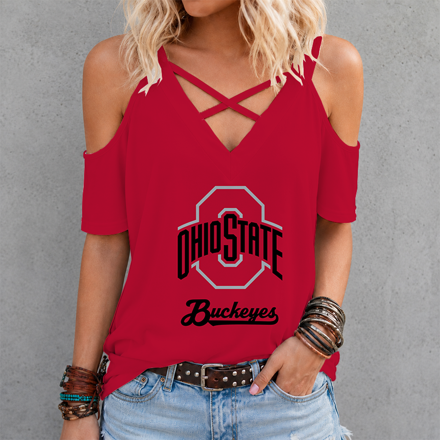 [FAN FAVORITE] NEW CUSTOMIZED NCAA MAM30 OSB OHIO STATE BUCKEYES CRISS CROSS V-NECK TOP