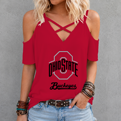 [FAN FAVORITE] NEW CUSTOMIZED NCAA MAM30 OSB OHIO STATE BUCKEYES CRISS CROSS V-NECK TOP